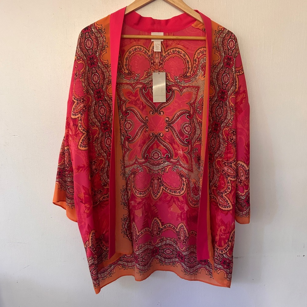 Chicos Kimono Womens S/M Pink Medallion Print Drape Open Front Boho Paisley NWT